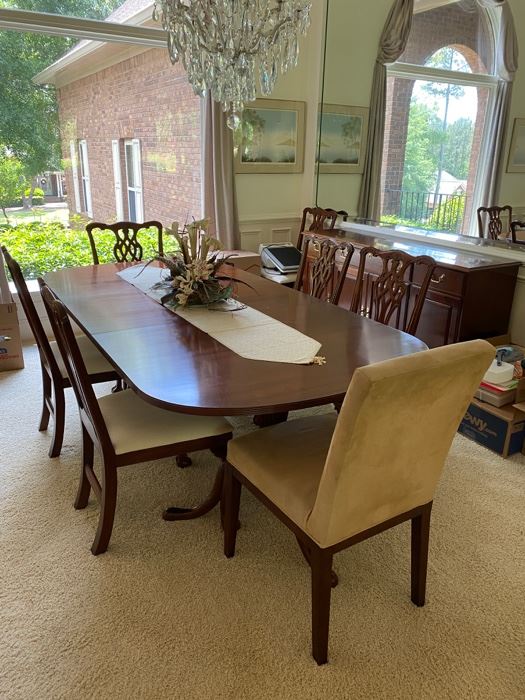 Mahogany Dining room set By Wellington Hall, 8 Chippendale chairs-6 regular and 2 captains, table 86x44 with 20" leaf, buffet 64x34x18