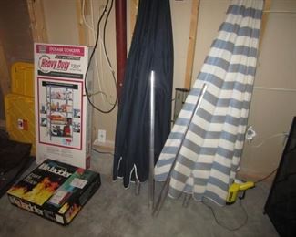 METAL SHELF IN BOX, FIRE LADDER, UMBRELLAS, TARP