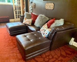 Brown Leather Sofa, approx. 9' Long                                                       Assorted Pottery Barn Pillows