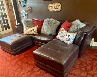 Brown Leather Sofa, approx. 9' Long                                                       Assorted Pottery Barn Pillows