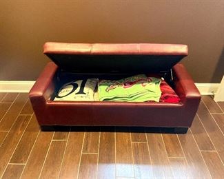 Red Leather Storage Bench, 50" x 20"