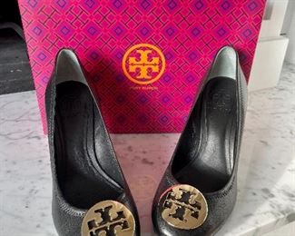 Tory Burch Black/Gold Sophie Wedge Mestico Leather    
(Metal Logo).  Size 8.
