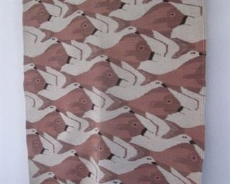 Optical Illusion Textile Wall-Hanging, 34" X 56".  Notice Birds and Fish!  Possibly Swedish.