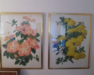 Framed Floral & Gold-Tone Wall Hangings.  These are Original Reproduction Prints.  The Original Art by Lloyd Sexton was produced for the Mauna Kea Beach Hotel on Hawaii in the 1960's.  Size:  30" X 40" Each