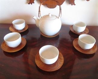 Tea Set, Wood Under Plates & Bamboo Handle