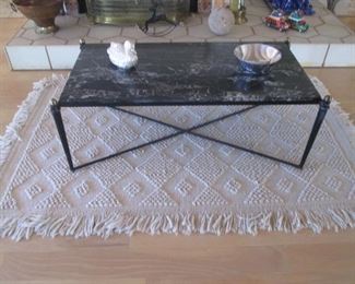 MCM Coffee Table, Metal Frame, Hand Welded & Veined Marble Top, Finials (50's - 60's)    (Italian Designer Scapinelli, Tivoli???)  Size:  48" X 23" X 18"