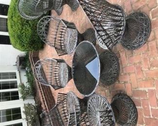 Spun Fiberglass Russell Woodard style outdoor dining. 2 tables and 9 chairs available.