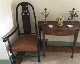 Federal style table , and George lll style chair. Brass decorative candle opera’s