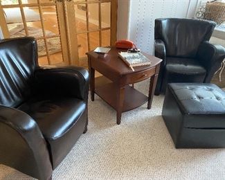 Pottery Barn Leather Barrel Arm Chairs, Ethan Allen Occasional Table, Pier1 Leather Ottoman