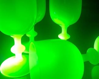 Portieux Vallerysthal Yellow Opaline Glass Goblets — under Black Light....they GLOW!!