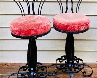 French Black Iron Swivel Bar/Bistro Stools with Crushed Red Velvet Seats 