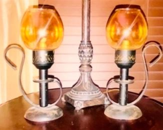 Antique Mason Cast Iron Candle Holders with Amber Glass Globes - PAIR