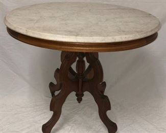 Oval Walnut Victorian Marble Top Parlor Table
