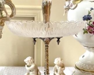 Crystal epergne with porcelain cherubs