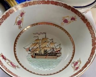 pair of ship's motif porcelain serving bowls