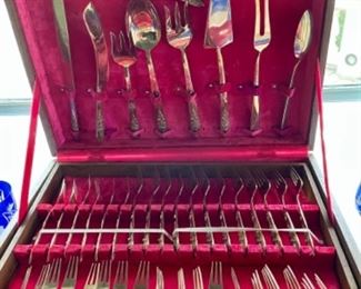 Large set of  Siam brass flatware set in wood box