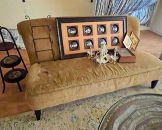 gold chenille small sofa, 3 tiered folding side table, large brass coffee table