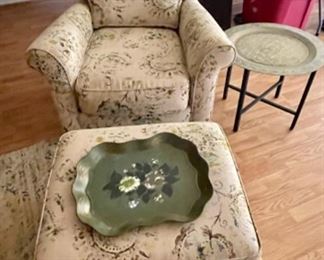 modern paisley chair with ottoman, tole tray, small brass top end table