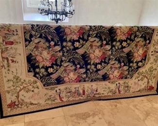 apprx 8' x 10' needlepoint rug with peacocks, florals, and asian scenes