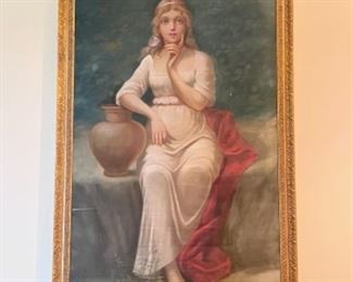matching painting on canvas of woman with urn (some damage)