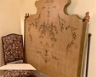 pair of painted twin headboards, tapestry and nail head side chair