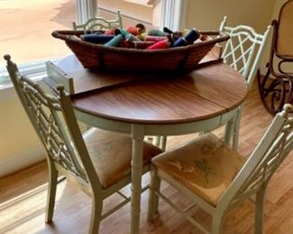 vintage painted bamboo table with 4 chairs (some damage to 1 chair), large basket with spools of thread
