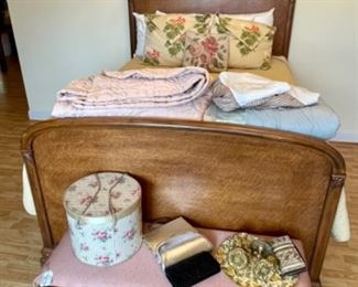 full size bird's eye maple bed, Queen Anne bench, vintage purses