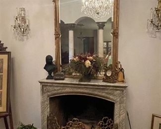 Antique ornate gold mirror, metal fireplace screen