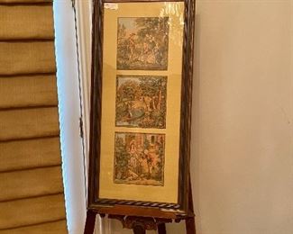 antique wood easel, framed tapestry picture