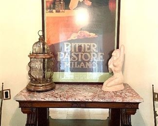 Nude statue, Framed 2000 "The Art of Wine" poster, marble top and mirrored petticoat table
