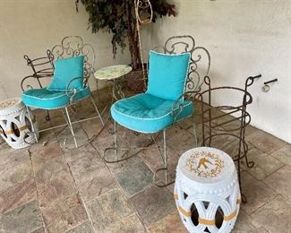 planters, garden stools, metal rocking chairs