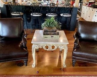 pair of leather club chairs (end table is not for sale)