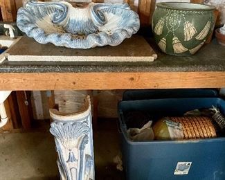 porcelain pedestal shell sink, baskets, planters