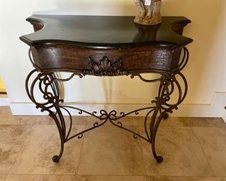 Marble top ornate iron console table