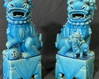 Pair Blue Foo Dog Ceramic Statues
