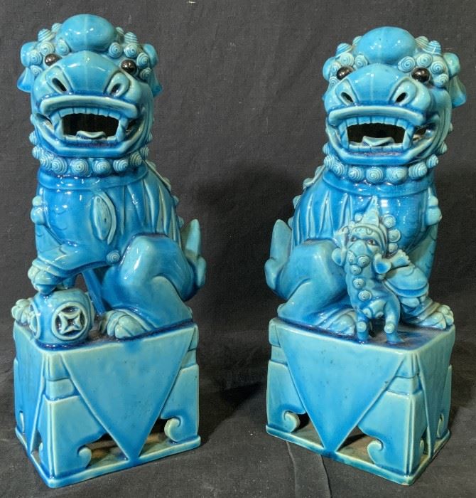 Pair Blue Foo Dog Ceramic Statues
