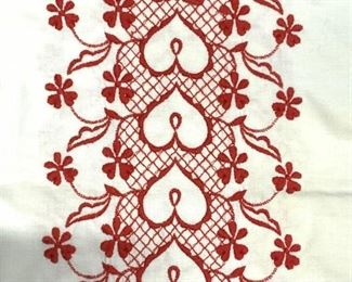 Embroidered Heart Motif Vntg Linen Tablecloth
