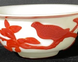 CHINESE PEKING GLASS BOWL w BIRD OVERLAY
