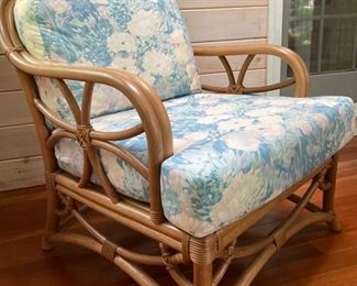 Set of 2 wood and blue floral chairs with matching ottomans - Chair: 33"x 30"x 26" / Ottoman: 16"x 26"x 21"