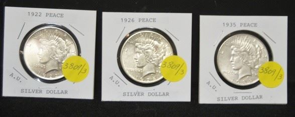 3809 3 A.U. Peace Silver Dollars