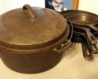 Cast-Iron Skillets, Including Wagoner Ware, No. 8, And No. 3, Round Roaster With Lid, And More, Qty 5 Total Pieces