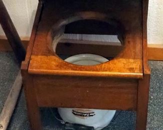 Antique Wood Commode With Lid, And Enamel Ware Chamber Pot With Bale Wire Handle