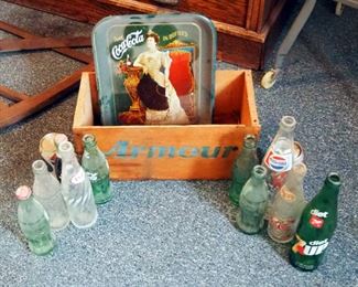 Pepsi, Coca Cola, And 7 Up Glass Sode Bottles, Coca Cola Tray, And Wood Armour Box