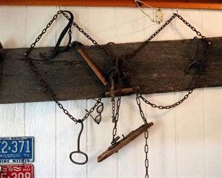Primitive Tools Including, Hay Hooks, Ice Block Tongs, Fence Stretcher, And More Includes Wood Plank