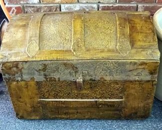 Antique Childs Camel Back Trunk, With Stamped Metal Covering, 19" x 26" x 14"