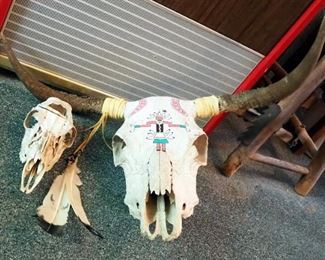 Painted Cow Skull, With Horns, And Deer Skull