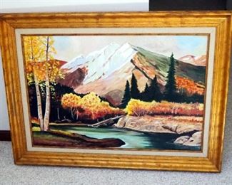Framed Oil On Canvas Mountainscape, Signed By Artist, Mennig, 32" by 42.5"
