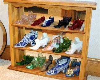 Hand Crafted Mirrored Wall Shelf, 21.5" x 24" x 5.25", And Glass Boot Collection, Qty 15