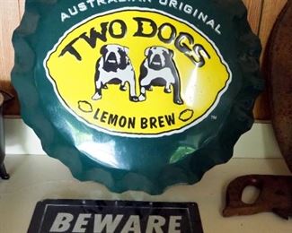 Tin 2 Dogs Lemon Brew Bottle Cap Sign 23" Round And Beware Of Dog Sign 10" X 14"