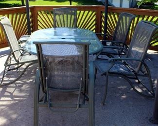 outdoor Metal Framed :Patio Set Inc,luding Glass Top Table, Chairs, Qty 5. Foot Stools And Side Table